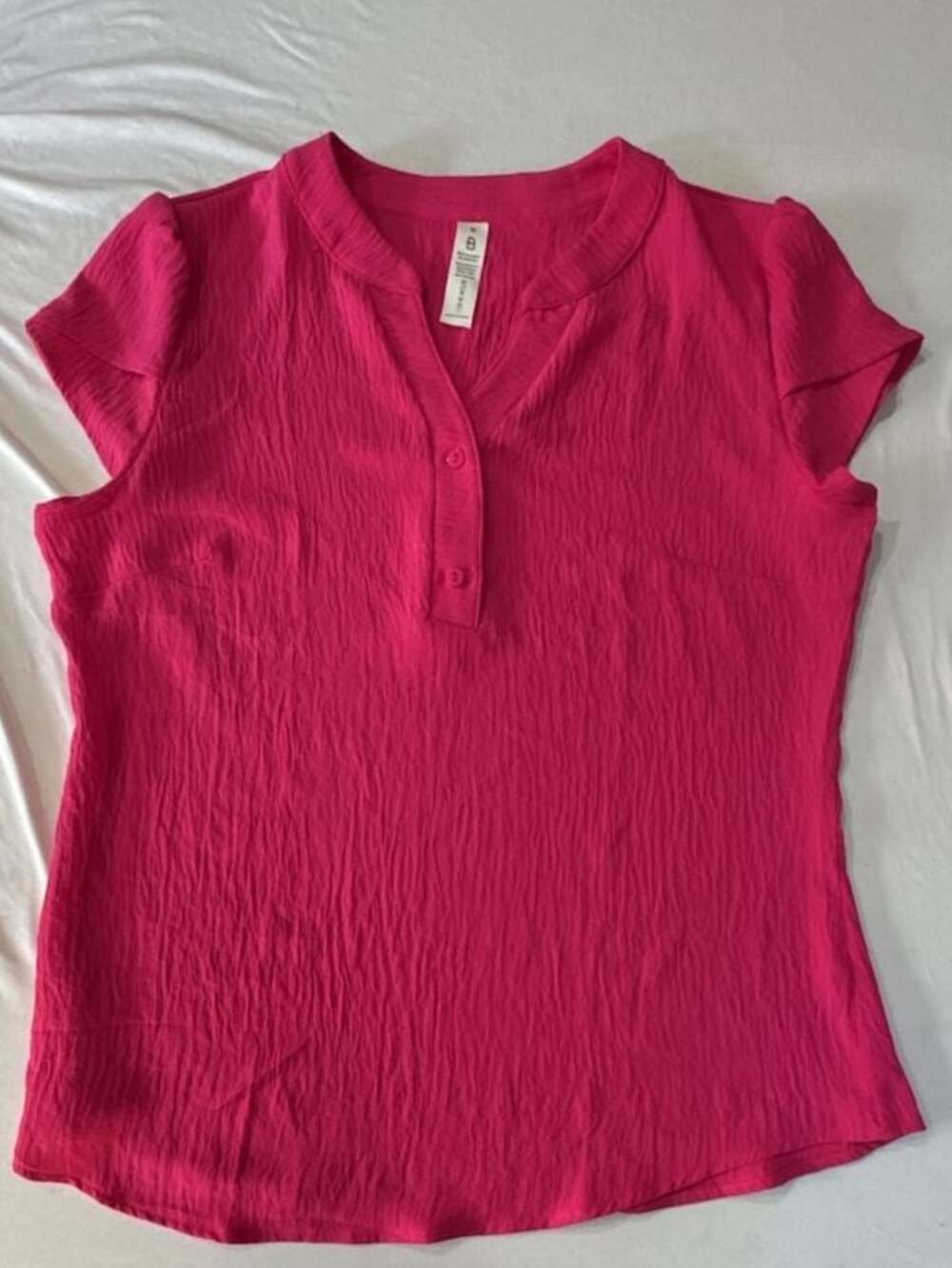 Q787 Cecil Women's Textured V-Neck Cap Sleeve Blouse in Hot Pink